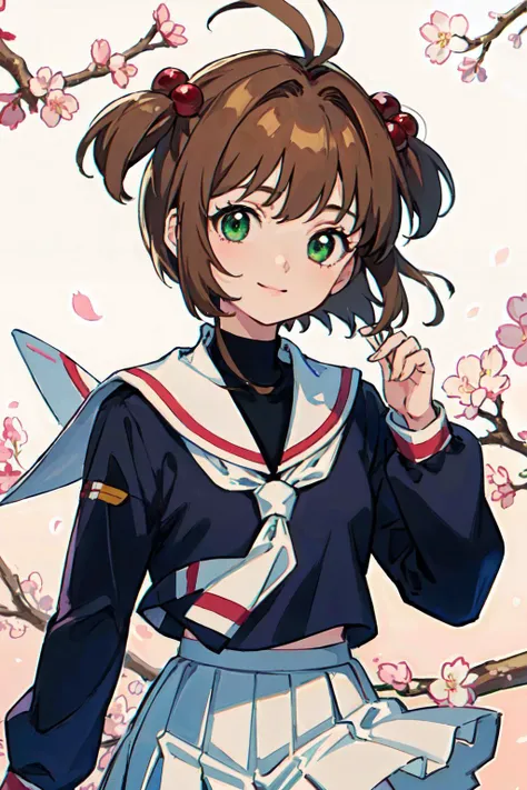 <lyco:de-anime-er_v10:-0.4>
kinomoto sakura, 1girl, brown hair, short hair, antenna hair, two side up, hair bobbles, green eyes, school uniform, white sailor collar, black shirt, long sleeves, white skirt, pleated skirt
(best quality, masterpiece, RAW photo,ultra-detailed:1.2), <lyco:GoodHands-beta2:1.0>,1girl,solo,looking at viewer,smile
 <lyco:kinomoto_sakura_v1:1.0>  city, cherry blossom