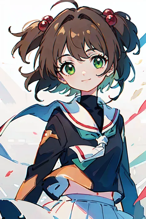 kinomoto sakura, 1girl, brown hair, short hair, antenna hair, two side up, hair bobbles, green eyes, school uniform, white sailor collar, black shirt, long sleeves, white skirt, pleated skirt
(best quality, masterpiece, RAW photo,ultra-detailed:1.2), <lyco:GoodHands-beta2:1.0>,1girl,solo,looking at viewer,smile
 <lyco:kinomoto_sakura_v1:1.0> <lyco:de-anime-er_v10:-0.7>