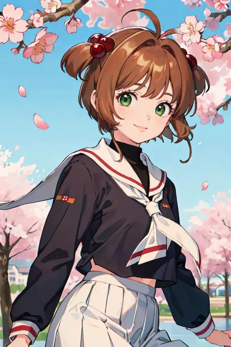 <lyco:de-anime-er_v10:-0.2>
kinomoto sakura, 1girl, brown hair, short hair, antenna hair, two side up, hair bobbles, green eyes, school uniform, white sailor collar, black shirt, long sleeves, white skirt, pleated skirt
(best quality, masterpiece, RAW photo,ultra-detailed:1.2), <lyco:GoodHands-beta2:1.0>,1girl,solo,looking at viewer,smile
 <lyco:kinomoto_sakura_v1:1.0>  city, cherry blossom