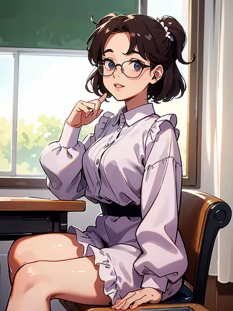 highres, 8k, Raw Photo from 90s sitcom, a middle-*** teacher wearing silly frilly bodysuit in class, glasses, best quality <lyco:de-anime-er_v10:-1>