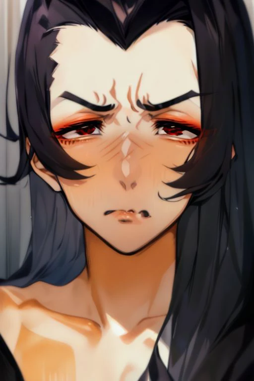 (((1boy))), (((masterpiece, extremely detailed))) percy, detailed eyelashes, tan, long hair, black hair, v hairline, widowspeak, widows peak, pout, red eyes, big nose, shiny skin, orange blush, orange makeup, orange lipstick, downturned eyes, forehead wrinkle, angry, angry brows, pouting, eyelashes, doe eyes, androgyny, boy, male, masculine ((painterly style))