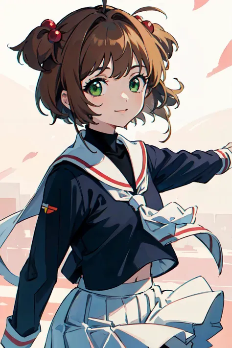 kinomoto sakura, 1girl, brown hair, short hair, antenna hair, two side up, hair bobbles, green eyes, school uniform, white sailor collar, black shirt, long sleeves, white skirt, pleated skirt
(best quality, masterpiece, RAW photo,ultra-detailed:1.2), <lyco:GoodHands-beta2:1.0>,1girl,solo,looking at viewer,smile
 <lyco:kinomoto_sakura_v1:1.0> <lyco:de-anime-er_v10:-0.4> city,