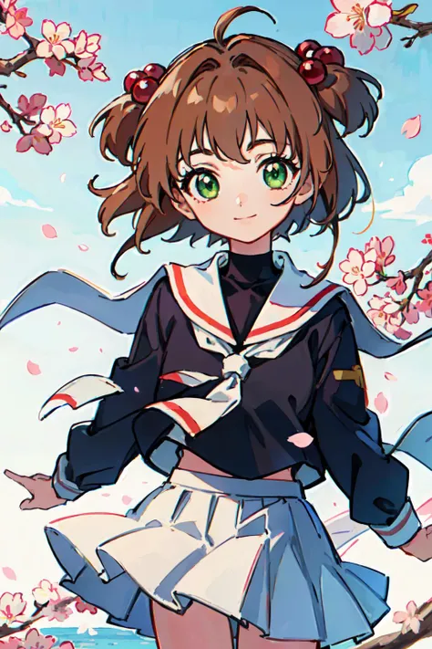 <lyco:de-anime-er_v10:-0.6>
kinomoto sakura, 1girl, brown hair, short hair, antenna hair, two side up, hair bobbles, green eyes, school uniform, white sailor collar, black shirt, long sleeves, white skirt, pleated skirt
(best quality, masterpiece, RAW photo,ultra-detailed:1.2), <lyco:GoodHands-beta2:1.0>,1girl,solo,looking at viewer,smile
 <lyco:kinomoto_sakura_v1:1.0>  city, cherry blossom