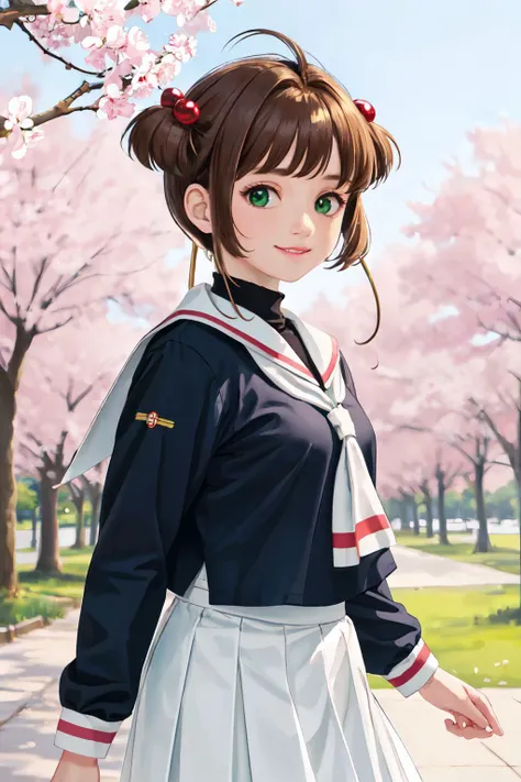 <lyco:de-anime-er_v10:0.2>
kinomoto sakura, 1girl, brown hair, short hair, antenna hair, two side up, hair bobbles, green eyes, school uniform, white sailor collar, black shirt, long sleeves, white skirt, pleated skirt
(best quality, masterpiece, RAW photo,ultra-detailed:1.2), <lyco:GoodHands-beta2:1.0>,1girl,solo,looking at viewer,smile
 <lyco:kinomoto_sakura_v1:1.0>  city, cherry blossom