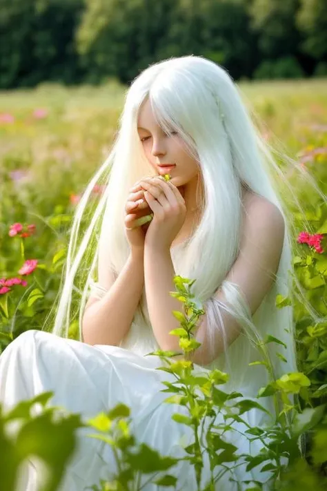 (masterpiece, best quality),1girl with long white hair sitting in a field of green plants and flowers, her hand under her chin, warm lighting, white dress, blurry foreground <lyco:de-anime-er_v10:1.0>