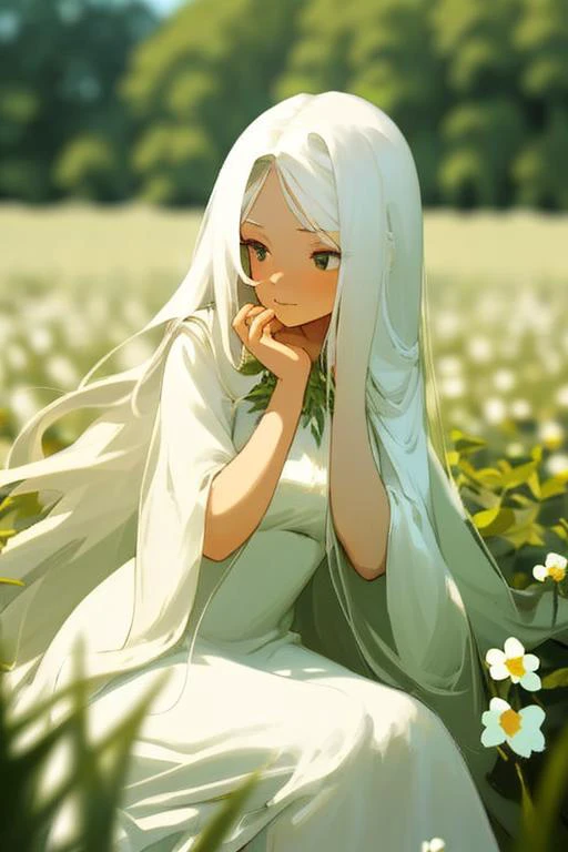 (masterpiece, best quality),1girl with long white hair sitting in a field of green plants and flowers, her hand under her chin, warm lighting, white dress, blurry foreground