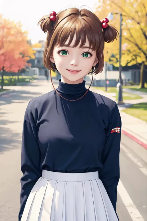 kinomoto sakura, 1girl, brown hair, short hair, antenna hair, two side up, hair bobbles, green eyes, school uniform, white sailor collar, black shirt, long sleeves, white skirt, pleated skirt
(best quality, masterpiece, RAW photo,ultra-detailed:1.2), <lyco:GoodHands-beta2:1.0>,1girl,solo,looking at viewer,smile
<lyco:kinomoto_sakura_v1:1.0> <lyco:de-anime-er_v10:0.4>