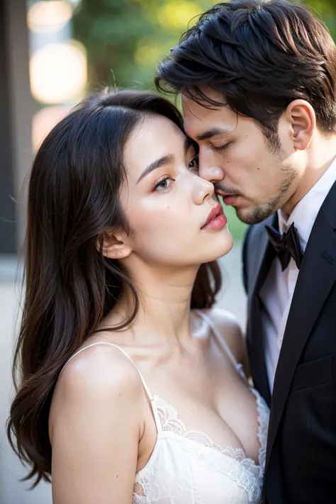 woman kissing man, cleavage, lace, upper body, bokeh, professional photoshoot