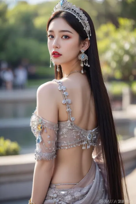 (masterpiece:1.5), (((top quality, best quality, high quality))), ((intricately detailed, ultra-detailed, insanely detailed)), highres, 32K, extremely detailed unity CG 8K wallpaper, (beautiful and aesthetic:1.2),, (depth of field:1.3), (immaculate:1.3), (delicate detailed depiction:1.4), (photorealistic:1.4), (surrealism:1.3),
(((brilliant full lighting, luscious vibrant colors))), (ambient volumetric backlighting:1.5), (illustration of an immensely beautiful woman:1.3),
(upper body:1.4), (perfectly centered:1.4), (natural willowy posture:1.5), (((dynamic pose, cinematic angle))),
(1milf:1.5), (solo:1.4), (exotic dancer:1.4),
beautiful gorgeous face, [(detailed face:1.2):0.2], bright eyes, pureerosface_v1, ulzzang-6500-v1.1,  (closed mouth:1.5), (red lips:1.4), (full lips:1.4), (neutral:1.5),
attractive flawless body, (((pronounced feminine curves))), bright glistening skin, realistic skin, skin pores, (voluptuous:1.5), (((toned belly, navel, groin:1.3))), narrow waist, wide hips, (((straight hair:1.5))), <lora:hime_style-1.0r8:0.75>, 
(sparkling exquisite transparent:1.3), (explicit costume:1.5), (ornate glittering shrug and pasties:1.4), (ornate Arabian saree:1.5), (((fluttering golden fabricated threads))), (fringed tassels:1.3), (long tight sleeves:1.4), (detached collar), (fabrication glitters:1.5), (luxury intricate clothing jewelries:1.5), (jeweled embroideries:1.4), (clothing sparkles:1.4), (sparkling particles:1.3), (((sagging front seam, sagging hind seam))), (((earrings, armlets, hairclip, hair ornaments))), <lora:venus_bikini_v0.1:0.75>,  <lora:MiaoClothes-v1.0:0.5>, 
(standing alone in an outdoor botanical garden decorated with jewelries and gemstones and colorful exotic flowers and bushes:1.5), (outside a grand ancient palace:1.5), (surreal delicate background:1.5), (intricate complex scene:1.5), <lora:detail_slider_v4:1.8>,