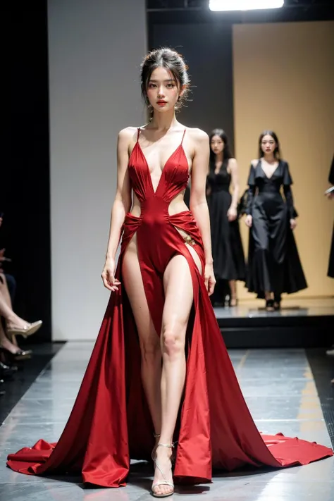 1girl, Stunningly Beautiful Girl, Haute_Couture, designer dress, wearing Haute_Couture, posing for a picture, fashion show, Long shaped face, angry, crazy, dark red eyes, Sandy Blonde side-swept hair, short hair, long ringlets, catwalk \(walkway\), , colorful, vivid colors, masterpiece, best quality, absurdres, highest quality, amazing details, 8k, aesthetic, <lora:girl_SDLife_Chiasedamme_v1.6:0.6>