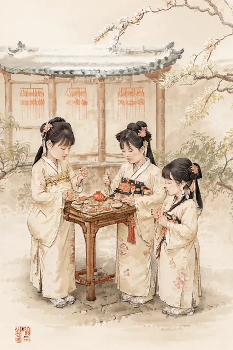 high quality, gushu, 6+girls are playing in a chinese painting style, hanfu, <lora:tangStyle5:0.3>