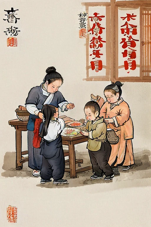 high quality,6+girls are playing in a chinese painting style,
