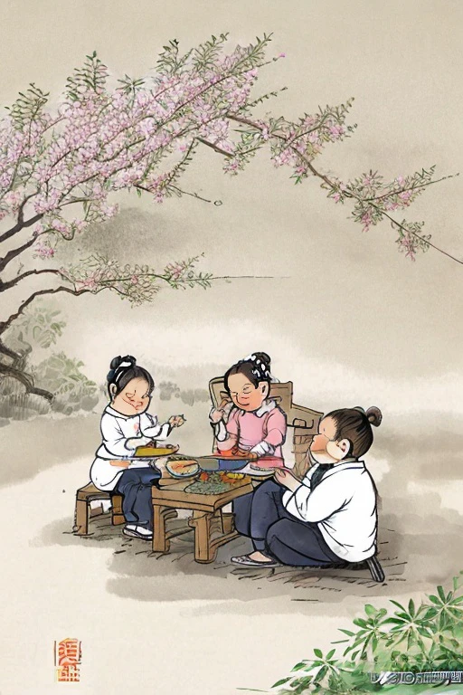 high quality,6+girls are playing in a chinese painting style,
