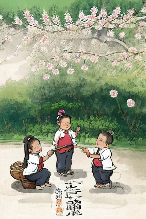 high quality,6+girls are playing in a chinese painting style,