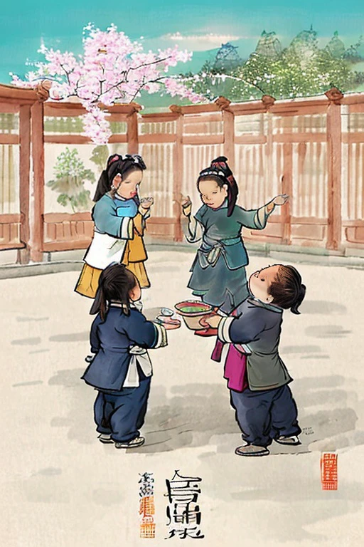 high quality,6+girls are playing in a chinese painting style,