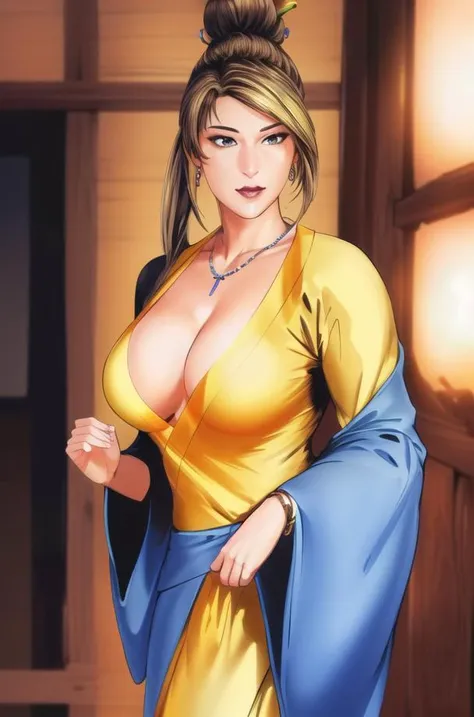 (night:1.3),Wooden House, Indoors,
Standing at attention,
yellow kimono ,blue shirt ,
 <lora:Pan_Jinlian_Jin_Ping_Mei-KK77-V1:0.7>,earrings,jewelry,bracelet,necklace,
Brown_hair,brown eyes, green leaf on her hair,ponytail,hair_bun, hair_ornament, swept bangs, 
1 girl, 20yo,mature female,Beautiful Finger,Beautiful long legs,Beautiful body,Beautiful Nose,Beautiful character design, perfect eyes, perfect face,
looking at viewer,
NSFW,official art,extremely detailed CG unity 8k wallpaper, perfect lighting,Colorful, Bright_Front_face_Lighting,
(masterpiece:1.0),(best_quality:1.0), ultra high res,4K,ultra-detailed,
photography, 8K, HDR, highres, absurdres:1.2, Kodak portra 400, film grain, blurry background, bokeh:1.2, lens flare, (vibrant_color:1.2)
(Beautiful,large_Breasts:1.6), (beautiful_face:1.5),(narrow_waist),