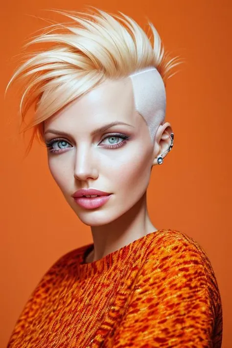 analog style, modelshoot style, portrait of sks woman by Flora Borsi, style by Flora Borsi, bold, bright colours, orange Mohawk haircut, ((Flora Borsi)), <lyco:angelinaJolie_v10:1.2>