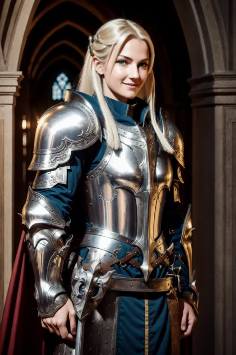 close up portrait of a strong female paladin (preying), blonde, silver PLD_armor, looking at viewer, smile, long hair, detailed_skin, (freckles:0.5),
medieval, dark church lobby, dim light
RAW photo, absurdres, high quality, photorealistic, 8k uhd, sharp focus, masterpiece, RAW photo, high quality, highres, (extremely detailed 8k wallpaper),
<lora:epiNoiseoffset_v2:1> <lora:PLD_armor:1>