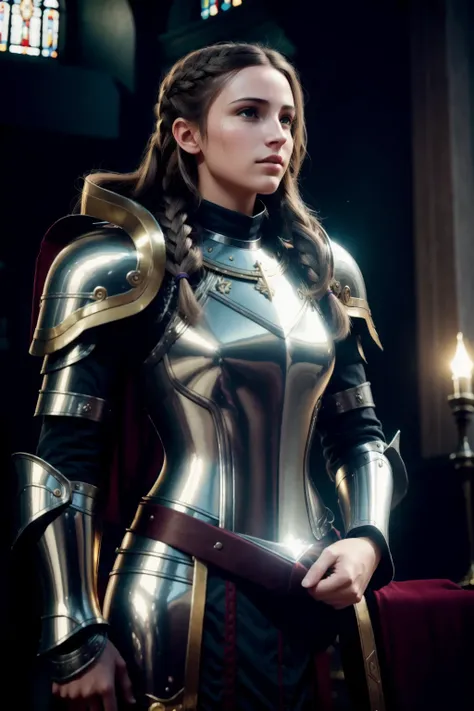 cinematic shot of 1girl,  VeronicaCipher,  paladin, solo,  (silver hair), braids hair style,    holding bible, PLD_armor,  highly detailed armor with gold plating, shiny armor, close up view,
dark church, multiple color spotlights,  stained glass window, 
 masterpiece, (photorealistic:1.3), high frequency details, 8K,uhd, absurdres(film grain), film noise, cinematic lighting, 
 <lora:PLD_armor:1>    <lora:epiNoiseoffset_v2:1>