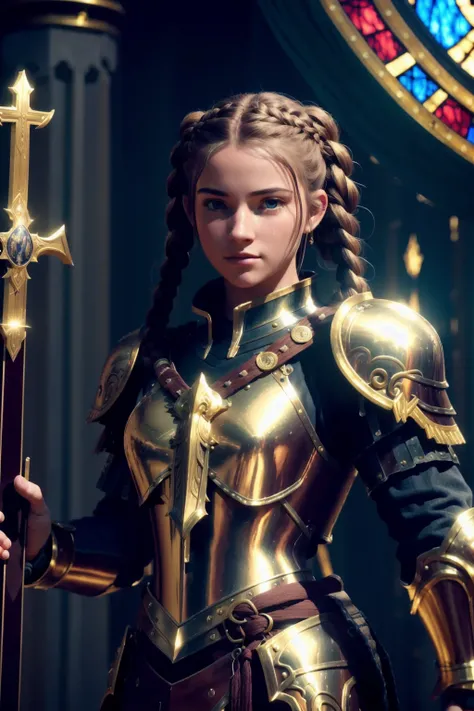 cinematic shot of 1girl, jane_noexist, paladin, solo, (multi colors hair),((dynamic pose, dynamic view), braids hair style, holding bible, PLD_armor, highly detailed armor with gold plating, shiny armor, close up view,
dark church, multiple color spotlights, stained glass window,
masterpiece, (photorealistic:1.3), high frequency details, 8K,uhd, absurdres(film grain), film noise, cinematic lighting,
<lora:PLD_armor:1> <lora:epiNoiseoffset_v2:1>