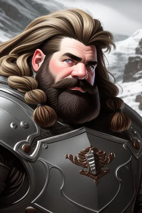 (close up:1.7), medium range, mid shot, male (fighter warrior:1.2) (dwarf:1.2), (short, stocky, broad shoulders,:1.5),  strong, wearing (heavy polished steel full plate armor:1.3), (wearing a fur cloak:1.2), (insanely detailed, bloom:1.1), armored arms, (wide open eyes:1.4), (highest quality, Alessandro Casagrande, Greg Rutkowski, Sally Mann, concept art, 4k), (analog:1.1), (high sharpness), (detailed pupils:1.1), (painting:1.1), (digital painting:1.1), perfect face, detailed face and eyes, Masterpiece, best quality, (highly detailed photo:1.1), 8k, photorealistic, (long dark blonde Hair, ecstatic:1.4), a short beard, By jeremy mann, by sandra chevrier, by maciej kuciara, sharp, (perfect body:1.1), realistic, real shadow, 3d, (walking on a mountain:1.2), snow, winter, (by Michelangelo) <lora:0 Dwarf_Diffusion:1>