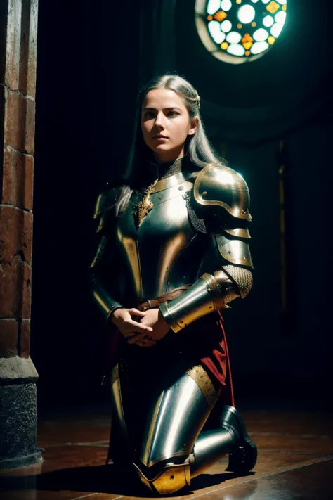 cinematic shot of 1 beautiful young female warrior, kneeling ,pray, silver hair, golden armor, PLD_armor, close up, cowboy view
dark church, dark room, dim light, colorful light though stained glass window,
1970s film, (35mmstyle:1.1), front, masterpiece, (photorealistic:1.3), high frequency details, 35mm film, (film grain), film noise, cinematic lighting,
<lora:epiNoiseoffset_v2:1> <lora:PLD_armor:1>
