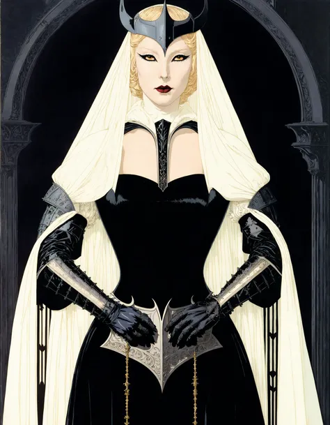 retro art, (painting:1.1), (classic art:1.2), (oil painting:1.2), (gothic:1.1), (fantasy:1.1), high fantasy, dark forest, (Keltic female:1.1), pale skin, black veil, dark makeup, black lips, (full lips:1.1), Nobility, Posh, expensive, Intricate armored dress with multiple belts, (dark knight:1.2), (dark:1.2), (black armor:1.2), (macabre:1.2), gloves, fur trim, scenery, trees, river, (see-through sleeves:1.2), sheer cloth, high collar, very long cape, (shoulder pads:1.1), (armguards:1.1), circlet, headpiece, cleavage, cleavage cutout, (art by Charles Vess:1.3)