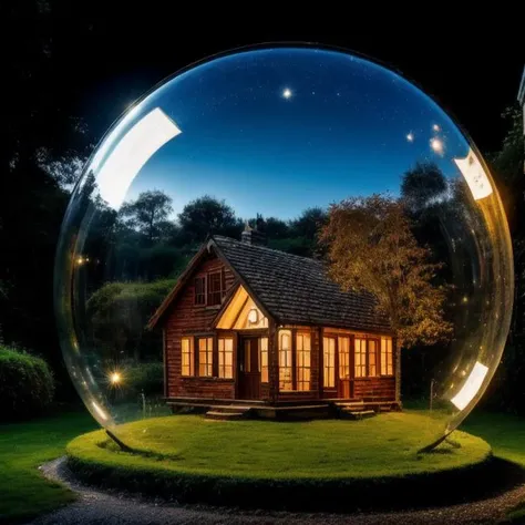 mini house, landscape, old fashion, nature, night light, a bubble, in the bubble, high detailed, masterpiece, best quality, <lora:Bubble_Sora:0.4>, (masterpiece,best quality:1.5)