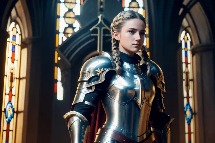 cinematic shot of 1 beautiful young female paladin, (single Leg Kneeling) , raising her shield, silver hair, braids hair style, PLD_armor, close up view,
dark church, multiple color spotlights, stained glass window,
masterpiece, (photorealistic:1.3), high frequency details, 8K,uhd, absurdres(film grain), film noise, cinematic lighting,
<lora:PLD_armor:1>