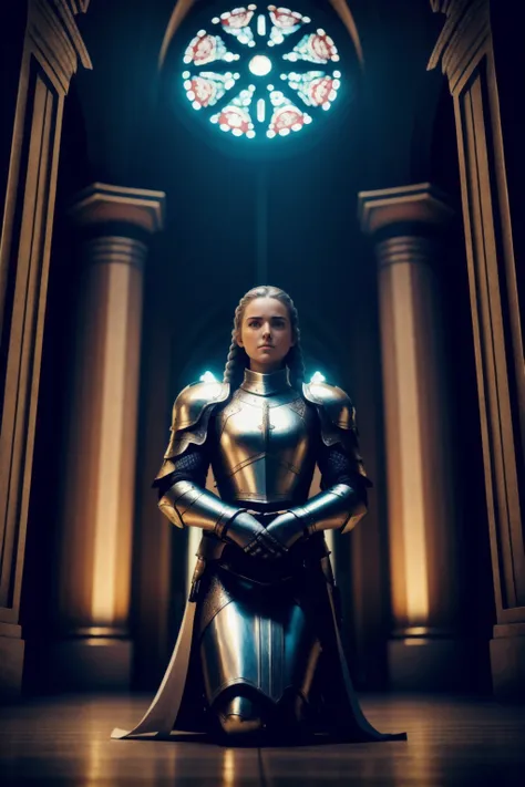 cinematic shot of 1 beautiful young female paladin, (single Leg Kneeling) , praying to statue, silver hair, braids hair style, PLD_armor, close up, over the shoulder view
dark church, dark room, dim light, holy light, multiple color lighting, stained glass window,
masterpiece, (photorealistic:1.3), high frequency details, 8K,uhd, absurdres(film grain), film noise, cinematic lighting,
<lora:PLD_armor:1>