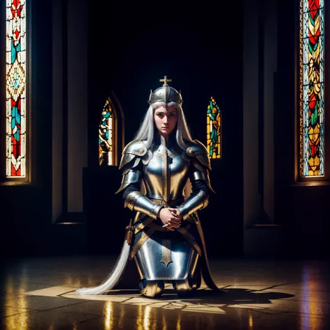 1 beautiful young female warrior, kneeling ,pray, silver hair, golden armor, PLD_armor,
dark church, dark room, dim light, colorful light though stained glass window,
1970s film, (35mmstyle:1.1), front, masterpiece, (photorealistic:1.3), high frequency details, 35mm film, (film grain), film noise, cinematic lighting,
<lora:epiNoiseoffset_v2:1> <lora:PLD_armor:1>