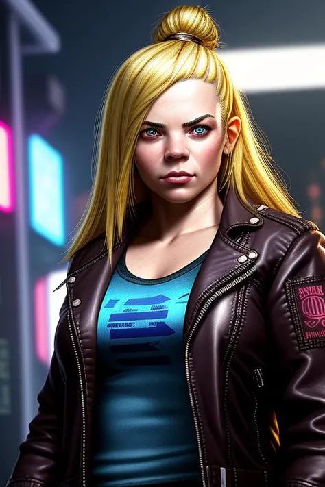 (close up:1.4), medium range, mid shot, female (dwarf:1.2) hacker, woman, (short, stocky, broad shoulders,:1.5), strong, wearing (stretched leather punk jacket:1.3), wearing a t-shirt, wearing denim pants, (insanely detailed, bloom:1.1), (wide open eyes:1.4), (highest quality, Alessandro Casagrande, Greg Rutkowski, Sally Mann, concept art, 4k), (analog:1.1), (high sharpness), (detailed pupils:1.1), (painting:1.1), (digital painting:1.1), perfect face, (standing in a cyberpunk bar:1.3), neon signs, detailed face and eyes, Masterpiece, best quality, (highly detailed photo:1.1), 8k, photorealistic, (long dark blonde Hair, ecstatic:1.4), a short beard, By jeremy mann, by sandra chevrier, by maciej kuciara, sharp, (perfect body:1.1), realistic, real shadow, 3d, cyberpunk (by Michelangelo) <lora:0 Dwarf_Diffusion:1>