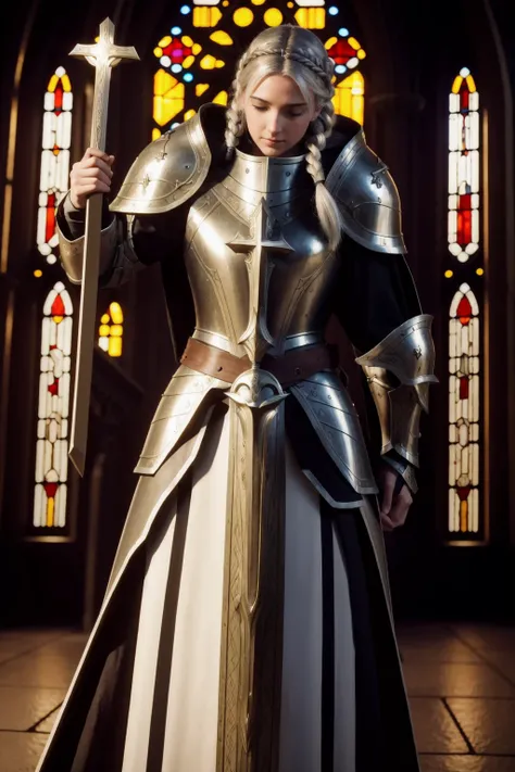 cinematic shot of 1 beautiful young female paladin, silver hair, braids hair style, holding bible, PLD_armor, close up view,
dark church, multiple color spotlights, stained glass window,
masterpiece, (photorealistic:1.3), high frequency details, 8K,uhd, absurdres(film grain), film noise, cinematic lighting,
<lora:PLD_armor:1>