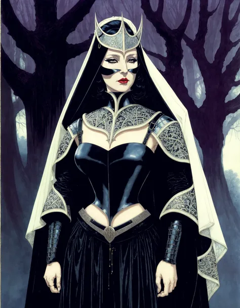 (retro art:1.2), (painting:1.1), (classic art:1.2), (oil painting:1.2), (gothic:1.1), (fantasy:1.1), high fantasy, dark forest, (Keltic female:1.1), pale skin, (black veil:1.2), (face covered:1.1), dark makeup, black lips, (full lips:1.1), Nobility, Posh, expensive, Intricate armored dress with multiple belts, (dark knight:1.2), (dark:1.2), (black armor:1.2), (macabre:1.2), gloves, fur trim, scenery, trees, river, (see-through sleeves:1.2), sheer cloth, high collar, very long cape, (shoulder pads:1.1), (armguards:1.1), circlet, headpiece, cleavage, cleavage cutout, (art by Charles Vess:1.3)