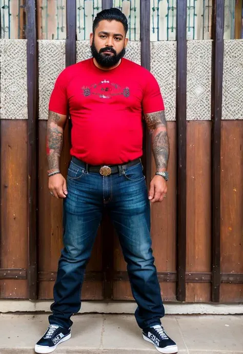 (fullbody image:1.6),8k uhd, sharp focus, masterpiece, RAW photo, high quality, highres,Photo of a mexican man from Coatzacoalcos, body tattoos,red shirt,jeans, intimate,black beard, sensual, highly detailed, character art, hyperdetailed, symmetrical, realistic, sharp focus,Coatzacoalcos city background