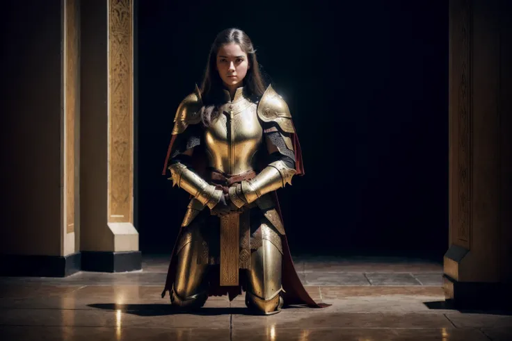 1 beautiful young female warrior, kneeling ,pray, golden armor, PLD_armor, battle stance, , cape, battlefield,
dark church, dark room, dim light,
1970s film, (35mmstyle:1.1), front, masterpiece, (photorealistic:1.3), high frequency details, 35mm film, (film grain), film noise, cinematic lighting,
<lora:epiNoiseoffset_v2:1> <lora:PLD_armor:1>