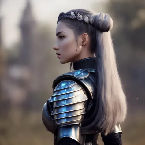 masterpiece, best quality, (photorealistic:1.9), beautiful lighting, (extremely detailed CG unity 4k fhd wallpaper), realistic, High Detail, Sharp focus, outdoors, science fiction, (((1girl, solo))), 18age, long hair, (grey hair), metal armored dress, braids, full body, hiqcgbody, power armor, fighting stance, fighting, winged helmet,