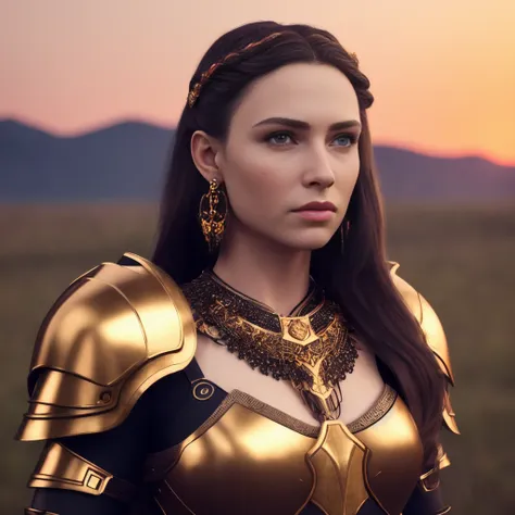 masterpiece, (photorealistic:1.4), best quality, beautiful lighting, outdoors, 1girl, solo, jewelry, earrings, long hair, blue eyes, black hair, armor, shoulder armor, upper body, outdoors, breasts, pauldrons, lips, sky, sunset, braid, hair ornament, realistic, bangs, cloud, necklace, pillar, hairband, medium breasts, day, tiara, (extremely detailed CG unity 8k wallpaper), intricate, High Detail, Sharp focus, dramatic, beautiful girl, golden details , RAW photo, 8k uhd, film grain