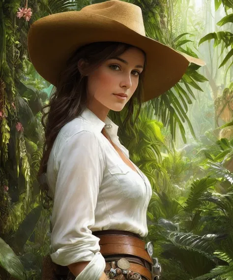 close up of a beautiful ((adventurer)) (((archeologist))) wearing jeans and a white shirt with a scarf and a stetson hat in a ((Lush verdant jungle / oasis / desert island / temple ruin)), sensual, evocative pose, intricate, highly detailed, by Anders Zorn, Sophie Anderson, llya Kuvshinov