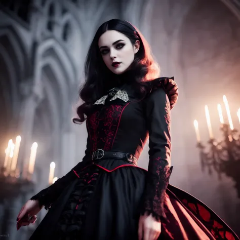 photorealistic, highres, masterpiece, intricate, 1girl (in a gothic castle), red bow around her neck and a black and red dress on, standing in a room, detailed background, pretty, narrow waist, wide hips, (perfect face:1.2), (perfect eyes:1.2), thick eyebrows, thick eyelashes, (green eyes), (beautiful detailed face), (detailed lips), black hair, long hair, gothic girl, smile, (outside), tight clothes,, intricate detailed clothing, cinematic lighting, shadow, detailed lighting, light particles, dynamic angle, pov, close up, from below, ismail inceoglu, blood, vampire