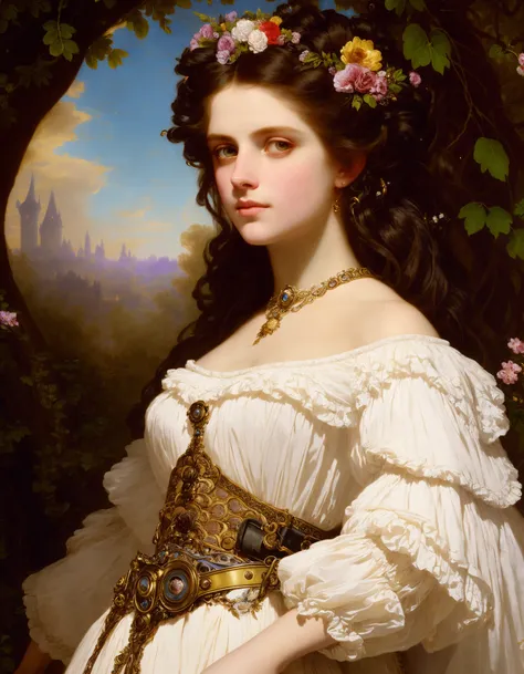 Best quality, illustration, detailed, high fantasy, Young beautiful 18-year-old woman, elegant, medium shot, intricate, (ethereal clothes:1.1), encrusted belt, embroidered, (Fantasy City:1.1), (romanticism:1.1), (art by Franz Xaver Winterhalter:1.2)