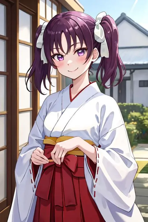 best quality, masterpiece, highres, solo, {white kimono:1.35}, {red hakama:1.35}, {wide sleeves:1.20}, {kazuno_leah_lovelivesunshine:1.15}, purple_hair, purple_eyes, twintails, bangs, blush, smile, hair_ribbon
