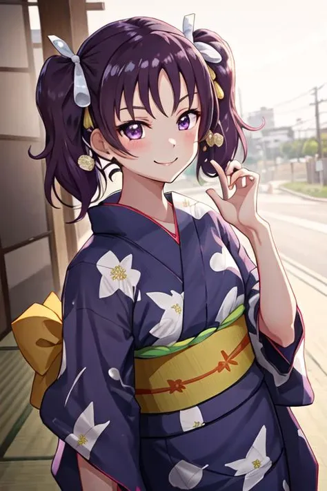 best quality, masterpiece, highres, solo, {yukata:1.40}, {kimono:1.20}, {kazuno_leah_lovelivesunshine:1.15}, purple_hair, purple_eyes, twintails, bangs, blush, smile, hair_ribbon