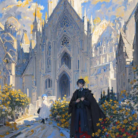 ((Gothic church)), front, (A boy and a little girl are shooting a leather ball),masterpiece, best quality, illustration, portrait, cinematic angle, <lora:claudeMonetPainting_v2:1>