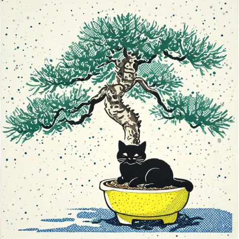 <lora:Ath_ink-painting_XL:1>,ink-painting,ink anf wash,painting \(medium\),traditionalmedia,watercolor\(medium\),A bonsai like tree with a cat sleeping under it,<lora:H4LFT0N3_XL>, Halftone Color Process,risograph technique,gradient halftone overlay,pointillism,Roy Lichtenstein,a pop art painting,offset printing technique,mosaic pattern,CMYK halftone,, (masterpiece, best quality, high quality, highres, ultra-detailed),