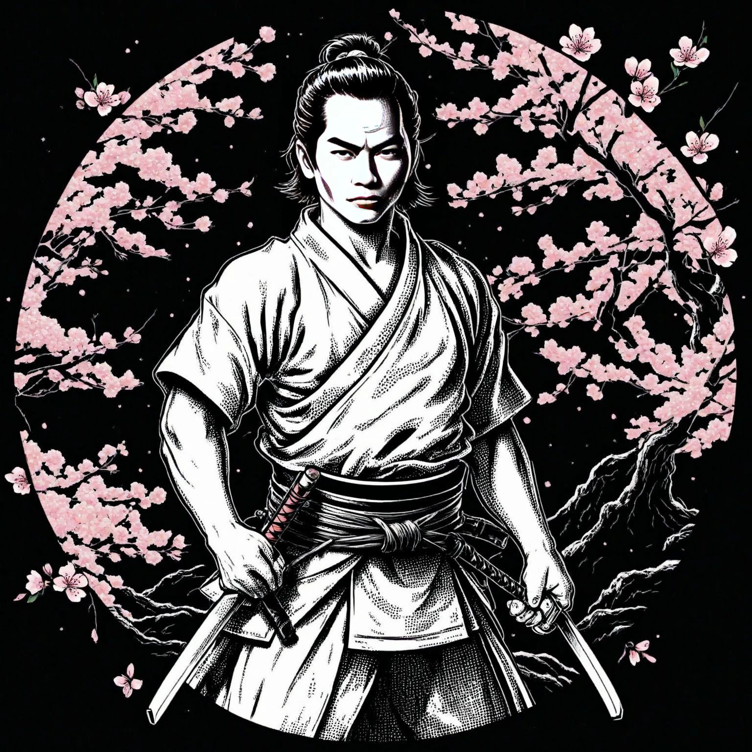 <lora:metal_tee_sdxl>,metal_tee,vector digital illustration,(black background:1.5),<lora:MinTattooXL-000034>,drawing of a minimalist tattoo,Japanese samurai standing under the cherry blossom tree,holding katana,<lora:H4LFT0N3_XL:0.8>, Halftone Color Process,risograph technique,gradient halftone overlay,pointillism,Roy Lichtenstein,a pop art painting,offset printing technique,mosaic pattern,CMYK halftone,, (masterpiece, best quality, high quality, highres, ultra-detailed),
