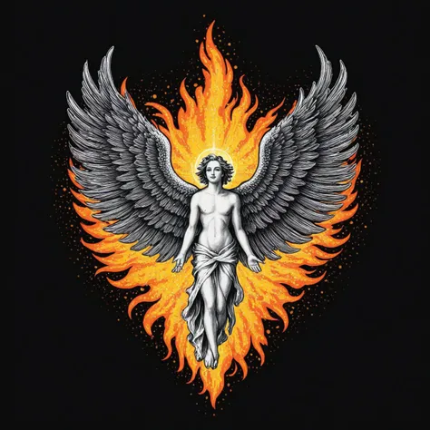 <lora:metal_tee_sdxl>,metal_tee,vector digital illustration,(black background:1.5),<lora:MinTattooXL-000034>,drawing of a minimalist tattoo,phoenix on fire,angel wings,<lora:H4LFT0N3_XL:0.8>,Halftone Color Process,risograph technique,gradient halftone overlay,pointillism,Roy Lichtenstein,a pop art painting,offset printing technique,mosaic pattern,CMYK halftone,, (masterpiece, best quality, high quality, highres, ultra-detailed),
