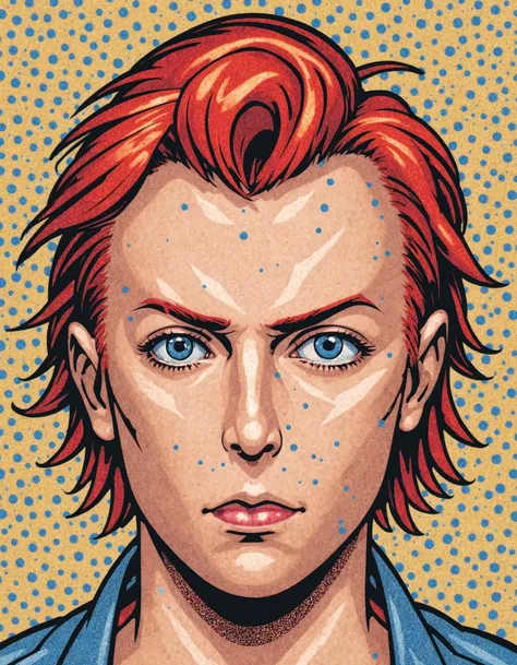 Halftone Color Process, CMYK halftone, a man with red hair and piercings on his face is looking at the camera with a serious expression, Roy Lichtenstein, flat color, comic style, a comic book panel, pixel art, mosaic pattern, halftone pattern, risograph technique, pop art <lora:H4LFT0N3_XL:0.8>