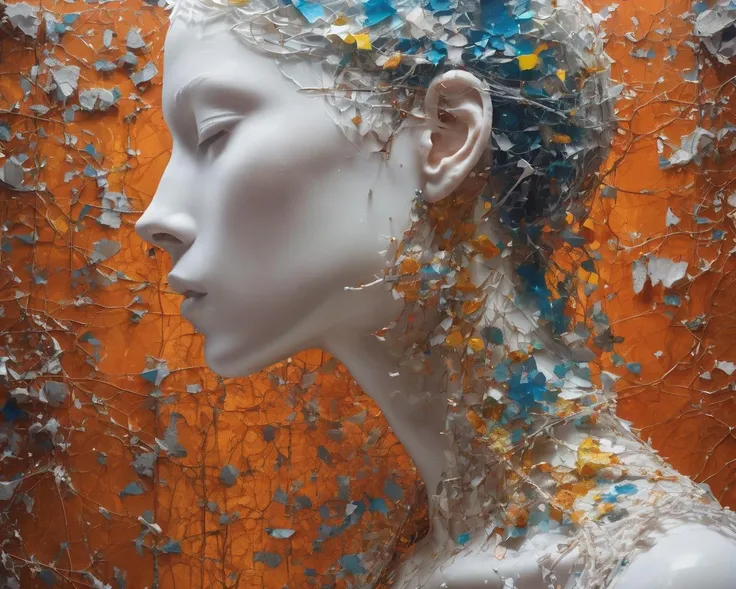 Hyperrealistic art Technopunk,photolab,Kodak portra,Light caustics,Color splash,Multiple layers of silhouette,Pencil painting,trending on CGSociety,"Through shattered mirrors of memories,reflections of a soul emerge,fragmented yet beautiful.",dripping fluorescent white,(Wonderful, intricate),(a superb Art Brut Decollage art),<lora:Sweet_Sticky_xl-01:1> . Extremely high-resolution details, photographic, realism pushed to extreme, fine texture, incredibly lifelike