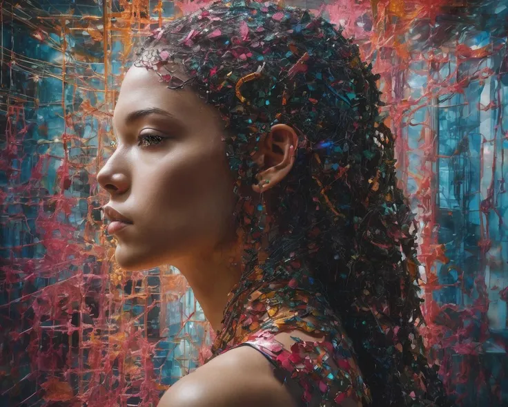 Hyperrealistic art Technopunk,photolab,Kodak portra,Light caustics,Color splash,Multiple layers of silhouette,Pencil painting,trending on CGSociety,"Through shattered mirrors of memories,reflections of a soul emerge,fragmented yet beautiful.",dripping fluorescent whitel,(Wonderful, intricate),(a superb Art Brut Decollage art),<lora:Sweet_Sticky_xl-01:1> . Extremely high-resolution details, photographic, realism pushed to extreme, fine texture, incredibly lifelike
